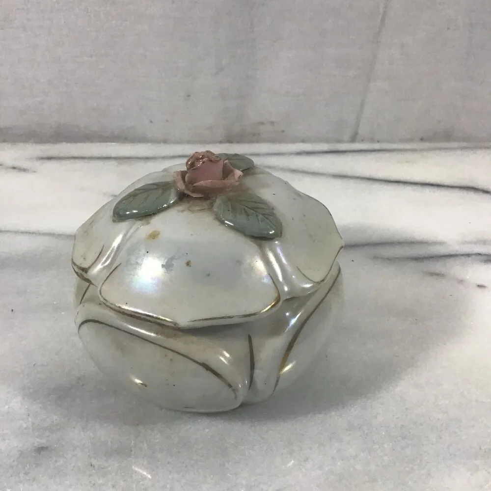 Vintage Japan Opalescent Porcelain Trinket Box Rose Flower Lid Vanity